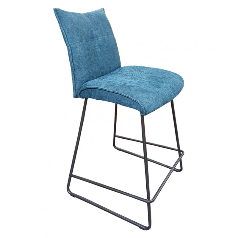 Chaise de bar en tissu bleu avec piètement en métal noir mat - LUCKY