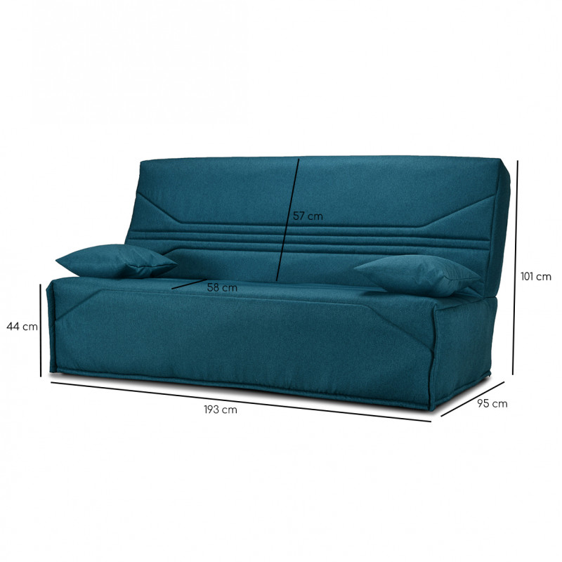 Clic clac 130x190 cm avec housse tissu bleu canard matelas Bultex® épaisseur 14 cm et 2 coussins déco - TEODORE