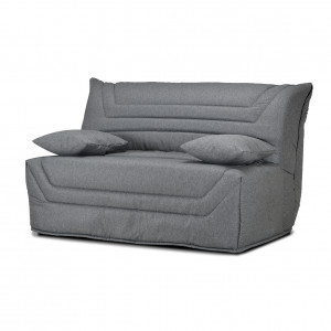 Banquette lit BZ 140x190 cm avec housse en tissu gris chiné matelas épaisseur 12 cm et 2 coussins déco - CYRIAC