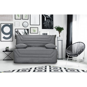 Banquette lit BZ 140x190 cm avec housse en tissu gris chiné matelas épaisseur 12 cm et 2 coussins déco - CYRIAC