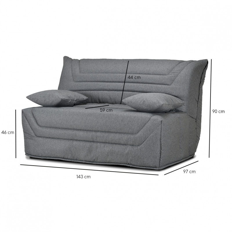 Banquette lit BZ 140x190 cm avec housse en tissu gris chiné matelas épaisseur 12 cm et 2 coussins déco - CYRIAC