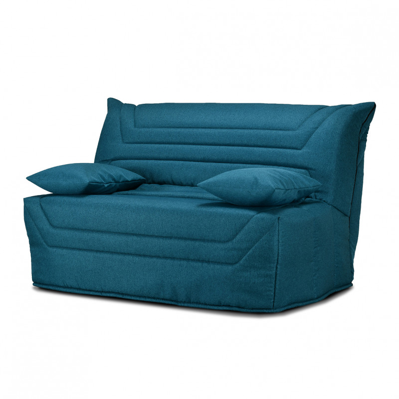 Banquette lit BZ 140x190 cm avec housse en tissu bleu canard matelas épaisseur 12 cm et 2 coussins déco - CYRIAC