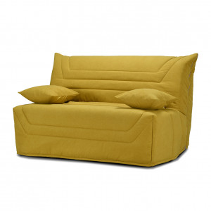 Banquette lit BZ 140x190 cm avec housse en tissu jaune matelas épaisseur 12 cm et 2 coussins déco - CYRIAC