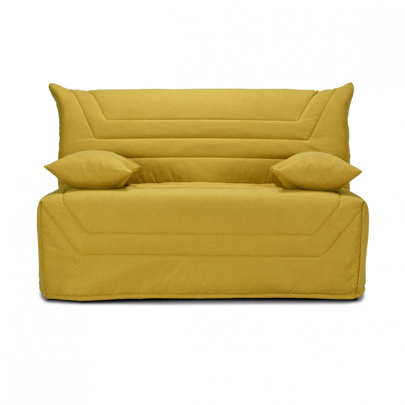 Banquette lit BZ 140x190 cm avec housse en tissu jaune matelas épaisseur 12 cm et 2 coussins déco - CYRIAC