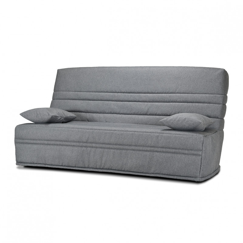 Banquette lit clic clac 130x190 cm avec housse en tissu gris chiné matelas épaisseur 13 cm et 2 coussins déco - EBRO