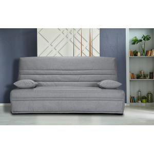 Banquette lit clic clac 130x190 cm avec housse en tissu gris chiné matelas épaisseur 13 cm et 2 coussins déco - EBRO