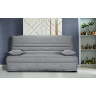 Banquette lit clic clac 130x190 cm avec housse en tissu gris chiné matelas épaisseur 13 cm et 2 coussins déco - EBRO
