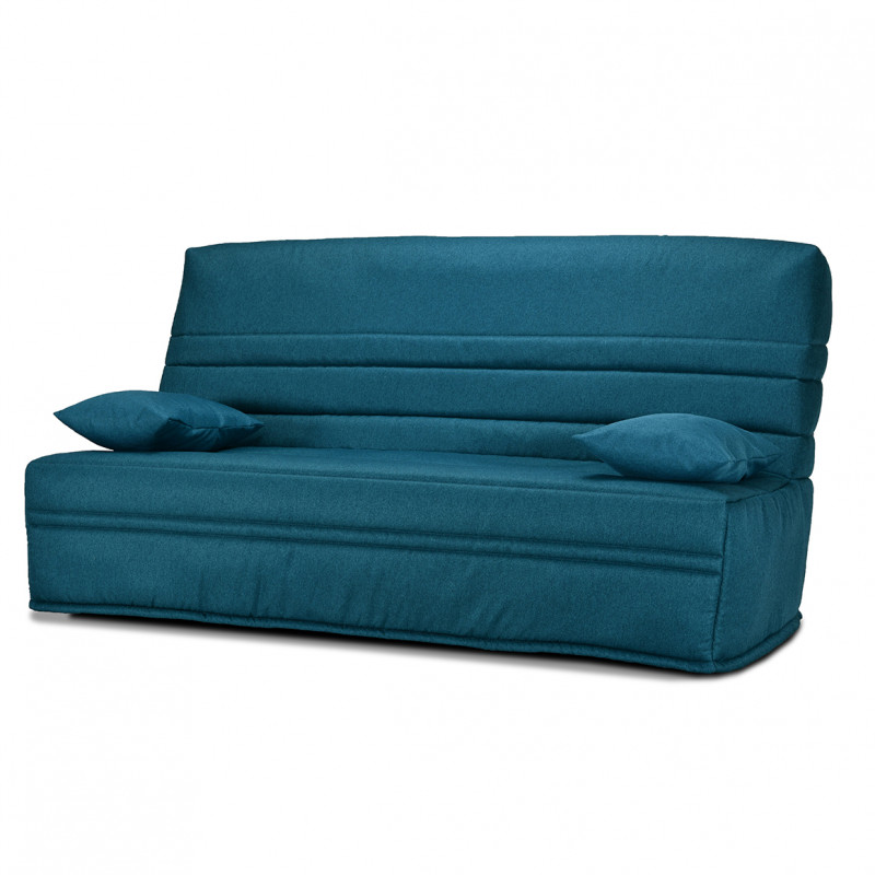 Banquette lit clic clac 130x190 cm avec housse en tissu bleu canard matelas épaisseur 13 cm et 2 coussins déco - EBRO