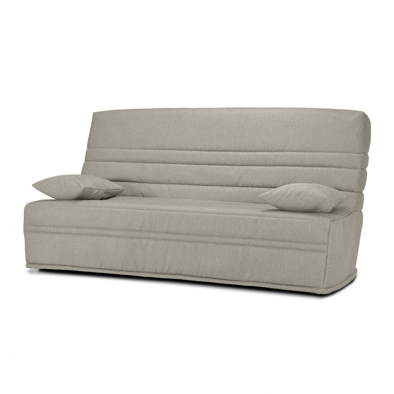 Banquette lit clic clac 130x190 cm avec housse en tissu gris clair matelas épaisseur 13 cm et 2 coussins déco - EBRO