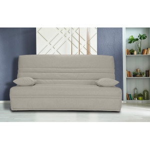 Banquette lit clic clac 130x190 cm avec housse en tissu gris clair matelas épaisseur 13 cm et 2 coussins déco - EBRO