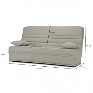 Banquette lit clic clac 130x190 cm avec housse en tissu gris clair matelas épaisseur 13 cm et 2 coussins déco - EBRO