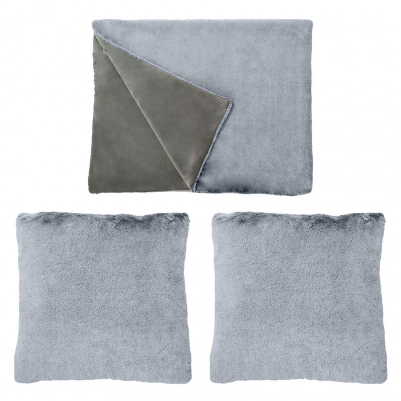 Lot de 2 coussins et 1 plaid en fausse fourrure gris givré doux - LEVY