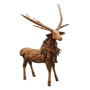 Sculpture grand cerf en bois de teck montagnard et artisanal - BAMBY