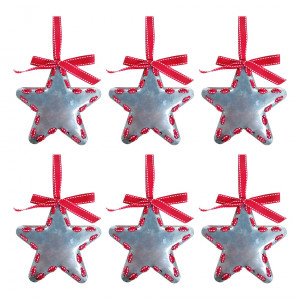 Lot de 6 étoiles décoratives en métal avec ruban rouge - MARY 0084