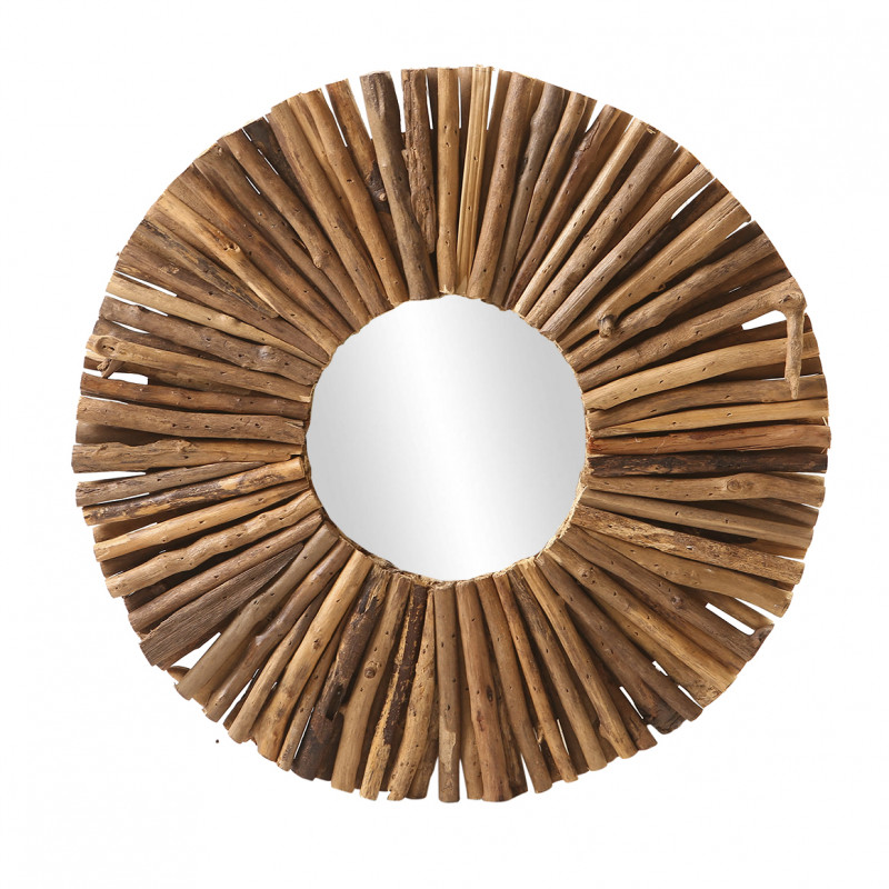 Miroir mural rond avec contour en branches de bois clair D.50 cm décoration exotique et artisanale - AKELA