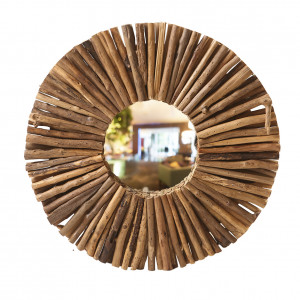 Miroir mural rond avec contour en branches de bois clair D.50 cm décoration exotique et artisanale - AKELA