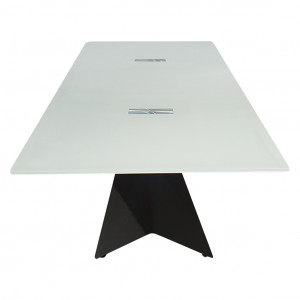 Table basse rectangulaire avec plateau en verre et piètement géométrique en métal gris anthracite - QUEVO