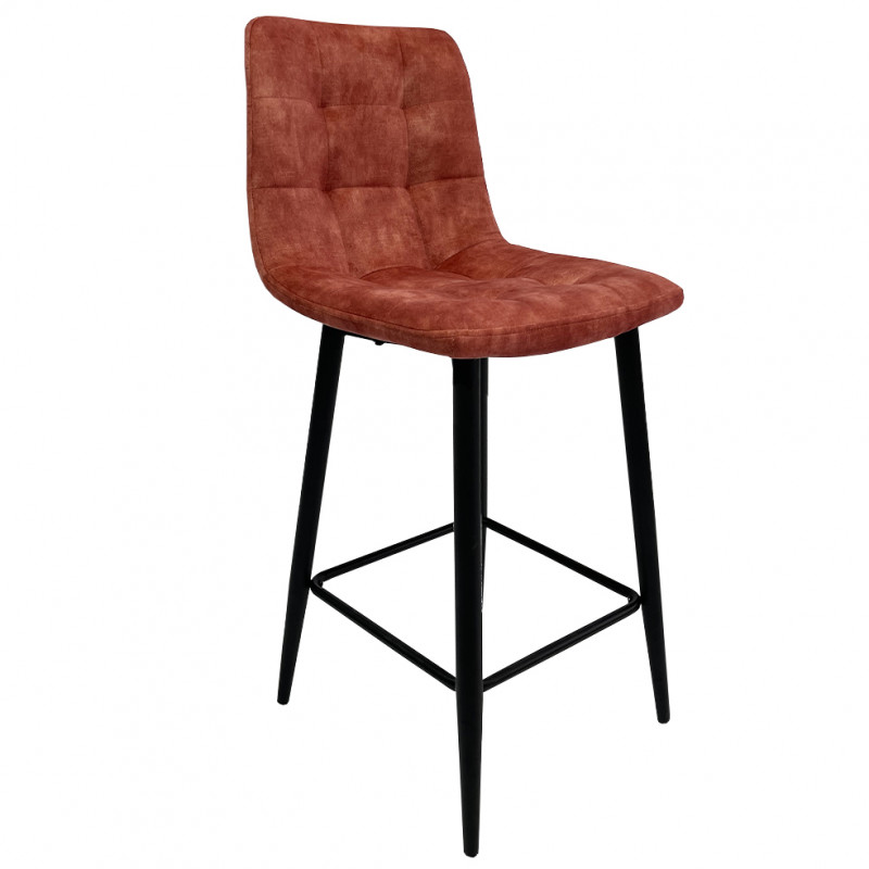 Lot de 2 chaises de bar capitonnées en velours rouge avec piètement et repose pieds en métal noir - NAMI