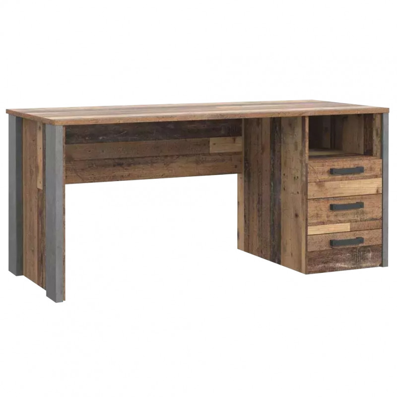 Bureau droit L160cm 3 tiroirs effet bois vieilli et béton gris - BUCK