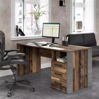 Bureau droit L160cm 3 tiroirs effet bois vieilli et béton gris - BUCK