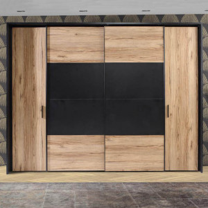 Armoire dressing avec portes coulissantes et battantes, panneaux de particules, finition noir et chêne - KAMILA