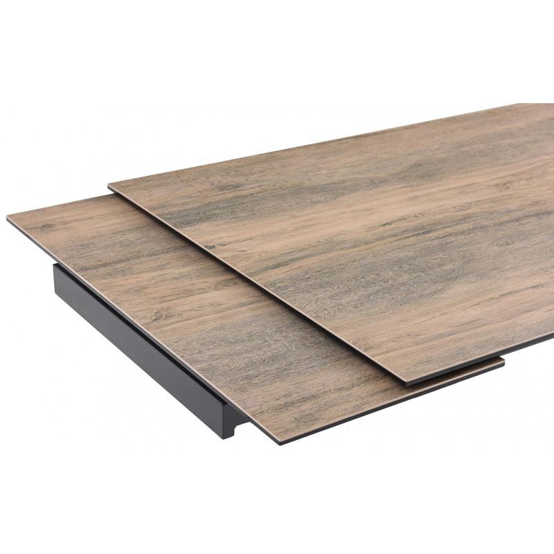 Table de repas extensible 160/240 cm céramique Italienne effet bois vieilli et pieds filaires inclinés métal noir - TEXAS 01
