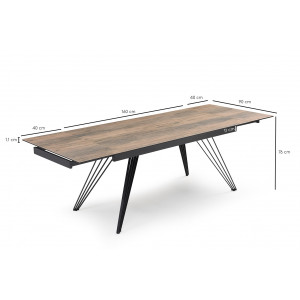 Table de repas extensible 160/240 cm céramique Italienne effet bois vieilli et pieds filaires inclinés métal noir - TEXAS 01
