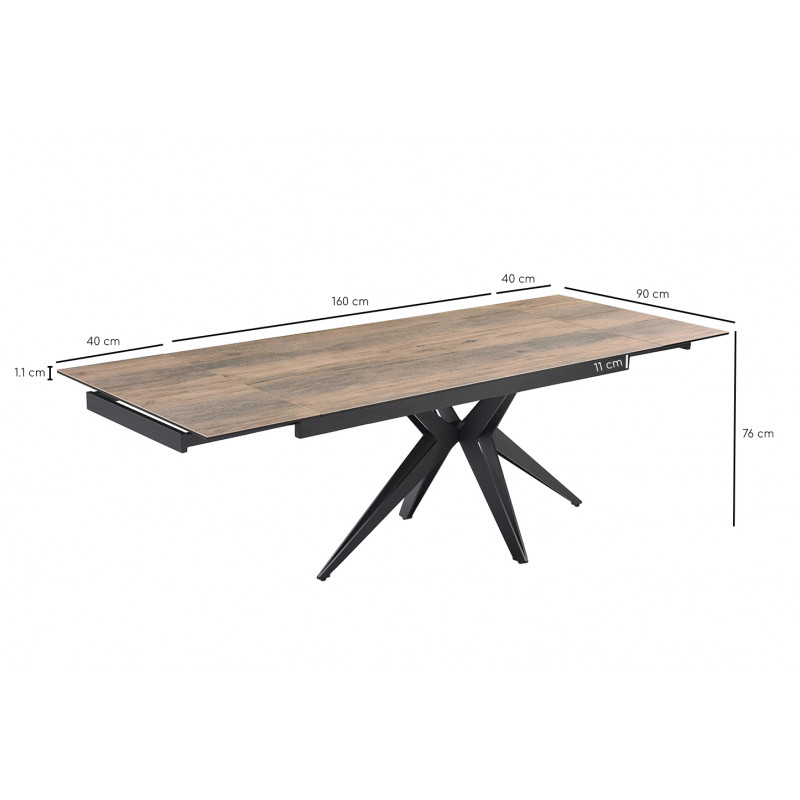 Table de repas extensible 160/240 cm en céramique Italienne effet bois vieilli et pied étoile en métal noir - TEXAS 06