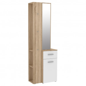 Meuble d'entrée en panneaux de particules décor blanc et chêne avec multiples rangement et miroir - NINA