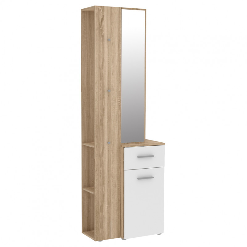 Meuble d'entrée en panneaux de particules décor blanc et chêne avec multiples rangement et miroir - NINA