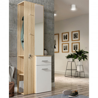 Meuble d'entrée en panneaux de particules décor blanc et chêne avec multiples rangement et miroir - NINA