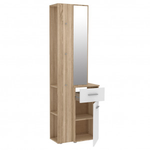 Meuble d'entrée en panneaux de particules décor blanc et chêne avec multiples rangement et miroir - NINA