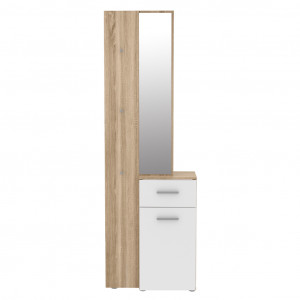Meuble d'entrée en panneaux de particules décor blanc et chêne avec multiples rangement et miroir - NINA