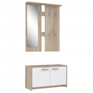 Meuble d'entrée en panneaux de particules décor chêne et blanc avec rangement et miroir - LANS