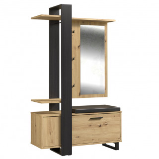 Meuble d'entrée en panneaux de particules décor chêne et noir avec rangement, miroir et coussin de banc - KUBE