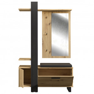Meuble d'entrée en panneaux de particules décor chêne et noir avec rangement, miroir et coussin de banc - KUBE