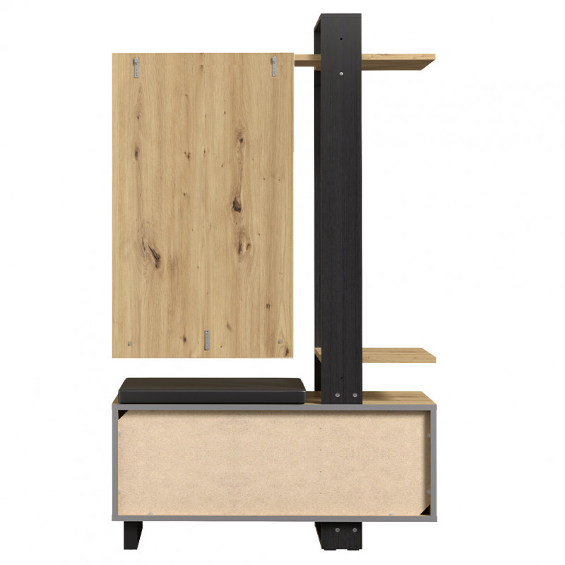 Meuble d'entrée en panneaux de particules décor chêne et noir avec rangement, miroir et coussin de banc - KUBE
