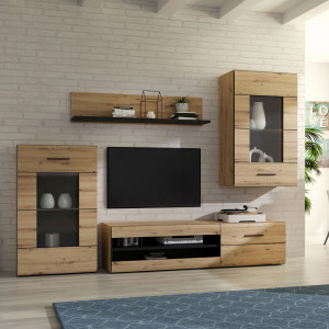 Ensemble meuble TV paroi murale décor bois clair et noir - SONNY