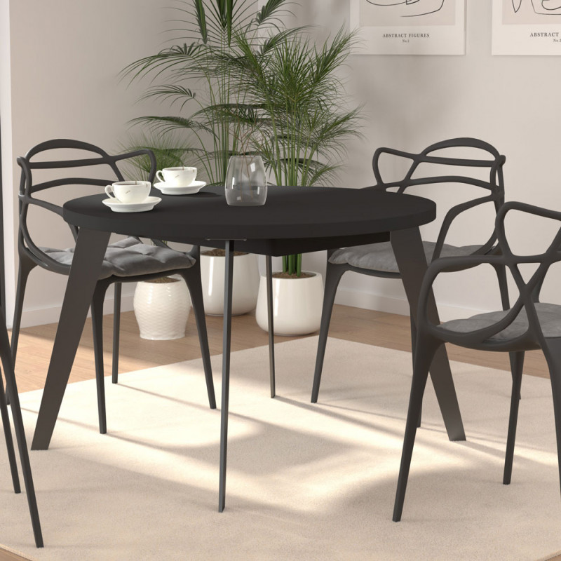 Table ronde extensible 110/155 cm plateau noir - Pieds métal - VANESSA