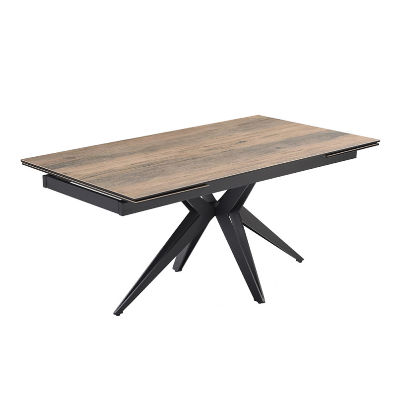 Table de repas extensible 160/240 cm en céramique Italienne effet bois vieilli et pied étoile en métal noir - TEXAS 06