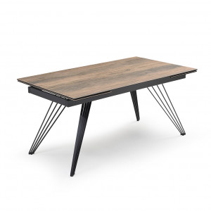 Table extensible 160/240 cm céramique Italienne effet bois vieilli et pieds filaires inclinés métal noir - TEXAS 01