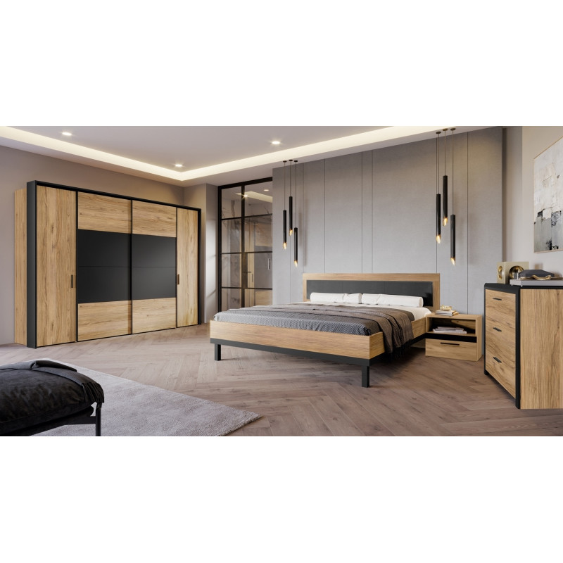 Commode 100 cm 3 tiroirs décor bois de chêne et noir - KAMILA