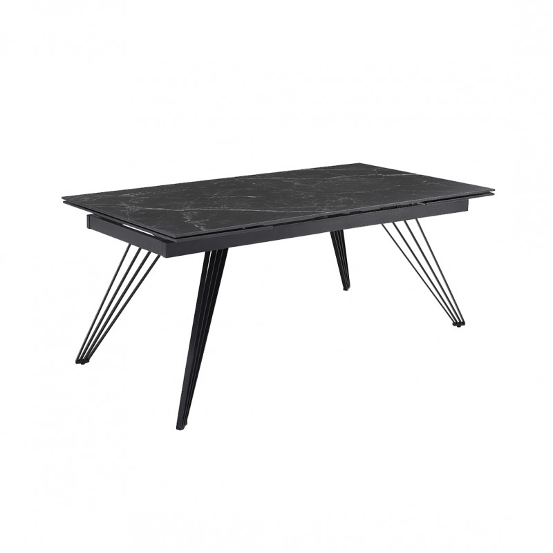 Table de repas extensible 160/240 cm en céramique noir marbré mat et pieds filaires inclinés métal noir - INDIANA 01