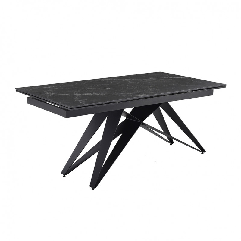 Table de repas extensible 160/240 cm en céramique noir marbré mat et pied géométrique luge métal noir - INDIANA 03