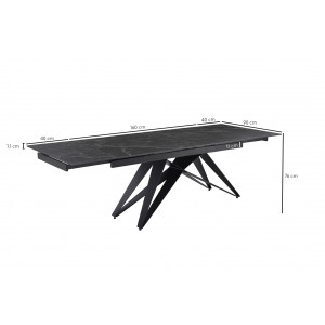 Table de repas extensible 160/240 cm en céramique noir marbré mat et pied géométrique luge métal noir - INDIANA 03
