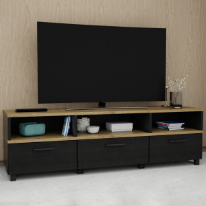 Meuble TV avec table basse à roulettes bois clair et noir - HELYA