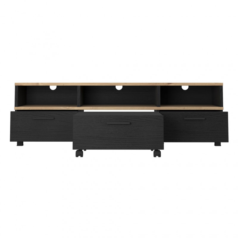 Meuble TV avec table basse à roulettes bois clair et noir - HELYA