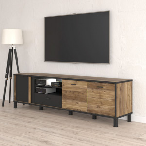 Meuble TV 57x200 décor bois clair avec piètement en métal noir - CELIA
