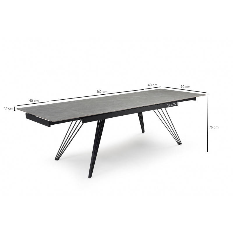 Table de repas extensible 160/240 cm en céramique gris marbré mat et pieds filaires inclinés métal noir - ARIZONA 01