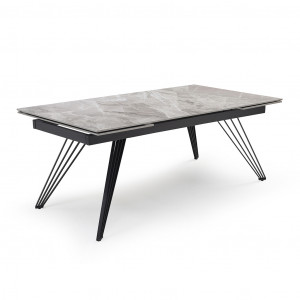 Table de repas extensible 160/240 cm céramique Italienne gris marbré brillant et pieds filaires inclinés métal noir - DAKOTA 01